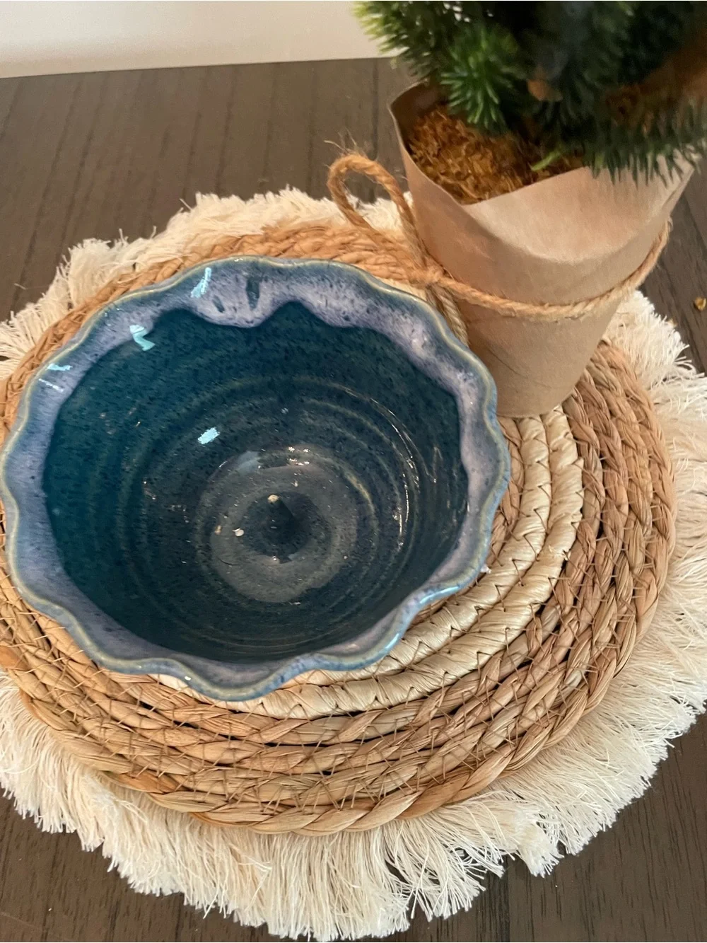 Glazed Ceramic Decorative Bowl in Deep Teal Blue